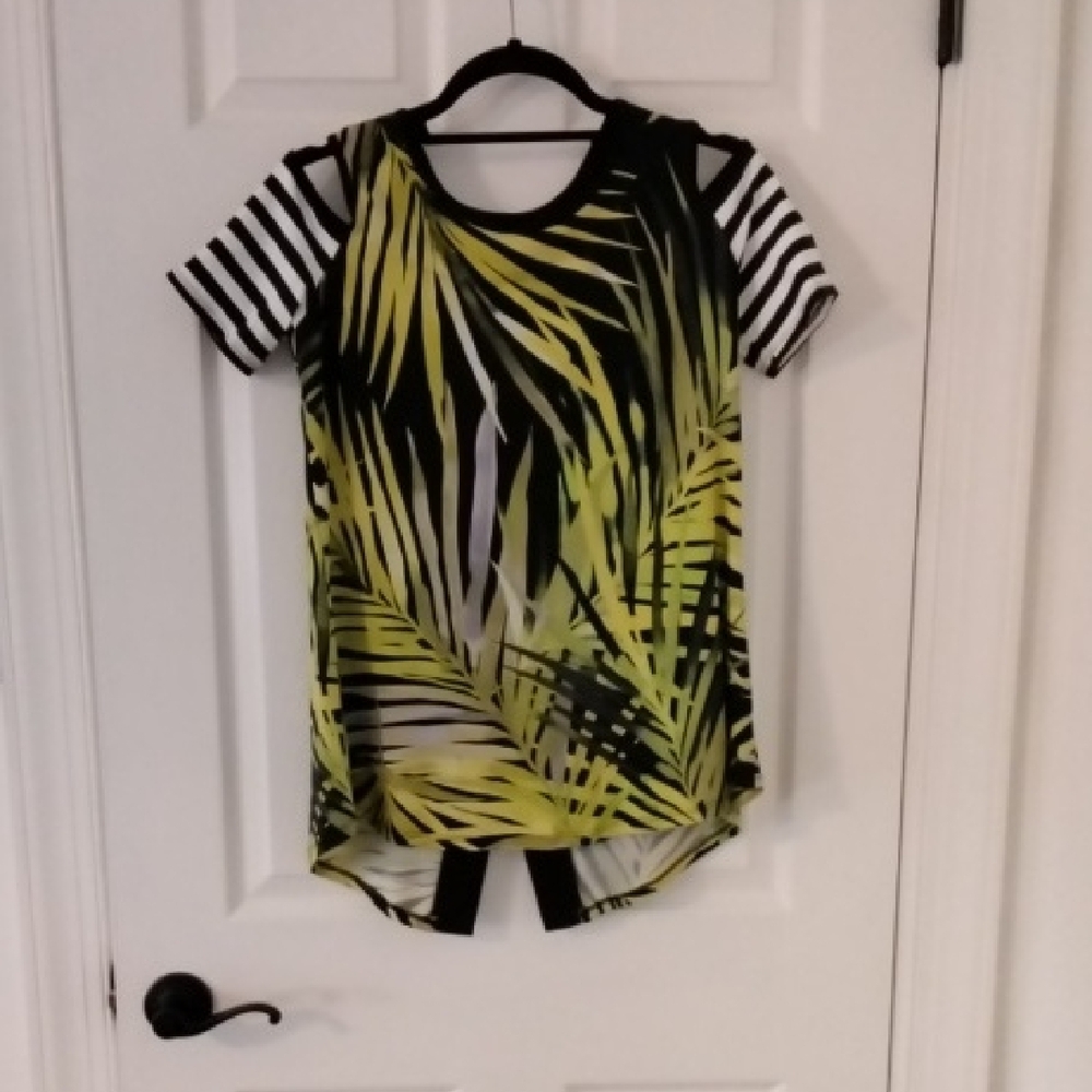 Frank Lyman Tropical Palm Print Shirt with Striped Sleeves